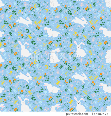 Happy Easter seamless pattern,Hand drawn bunnies with blooming flowers on springtime 137487474
