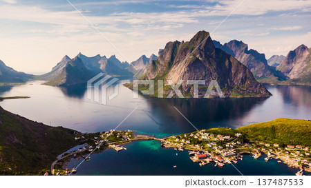 Fjord and mountains landscape. Lofoten islands Norway 137487533