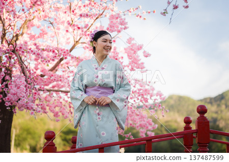 woman in yukata (kimono dress) with sakura flower or cherry blossom blooming in garden 137487599