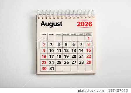 August 2026. Resolution, strategy, solution, goal, business and holidays. Date month August 2026. Page of annual monthly calendar August 2026 planning 137487653