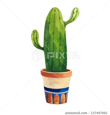 Watercolor illustration of a cactus in a decorative pot with a pattern, hand-drawn houseplants for decor in a simple style 137487892