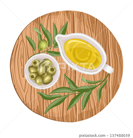 Italian olive oil top view vector food illustration. Hand drawn composition with olive branch and leaf on wooden tray. Green organic ingredient for Italian menu design. Perfect for culinary packaging. 137488039