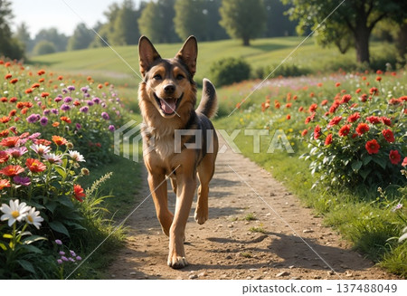 一隻笑容燦爛的狗狗在五彩繽紛的花田中活力四射地奔跑。陽光明媚的戶外景色。寵物。人工智慧生成素材。 137488049