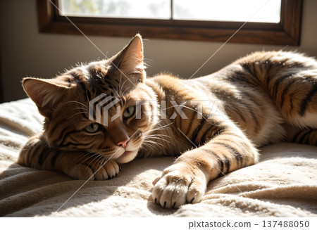 一隻貓躺在床上，沐浴在柔和的陽光下。寵物的日常生活。人工智慧生成素材。 137488050