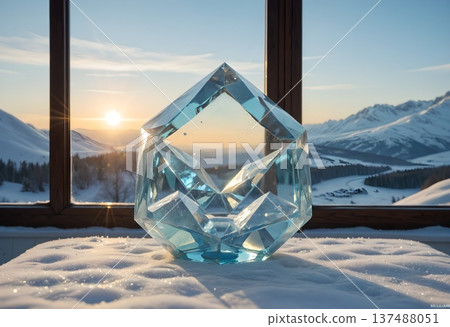 一塊精美的水晶物體映襯著白雪皚皚的山巒日落。冬季風景AI生成材料。 137488051