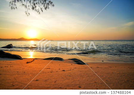 Sunset over ocean rocks on Wild beach. Waves at stone beach on sunset. Sunrise sea on shoreline. 137488104