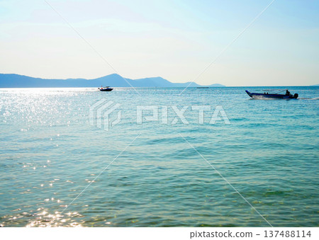 Fast motorboat carries tourists across ocean. Boat moves sea on sunny day near coastline i 137488114