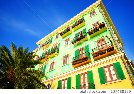 Green facade building with balconies and palm tree on blue sky background. Apartment buildings 137488139