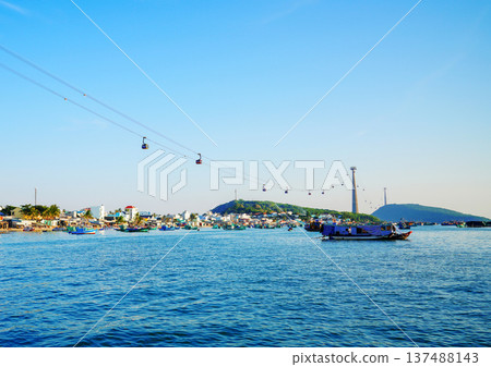 Cable car in Phu Quoc Island, Vietnam tourist area. Scenic view of waterfront village, cable cars,  137488143