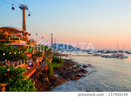 Cable car in Phu Quoc Island, Vietnam tourist area. Scenic view of waterfront village 137488146