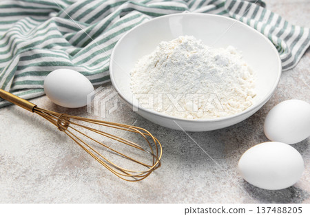 Baking ingredients on counter preparing dough Baking ingredients on counter preparing dough 137488205