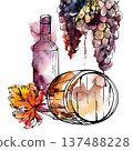Cellar barrel cask with wine bottle, hanging grape clusters and leaf. Isolated illustration hand drawn in watercolor and ink for menus, event graphics, label design, blog imagery, winery identity. 137488228