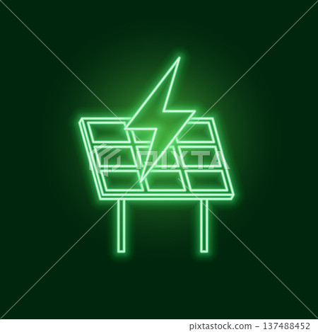 sustainable green energy solar panel and lightning bolt symbol in neon style 137488452