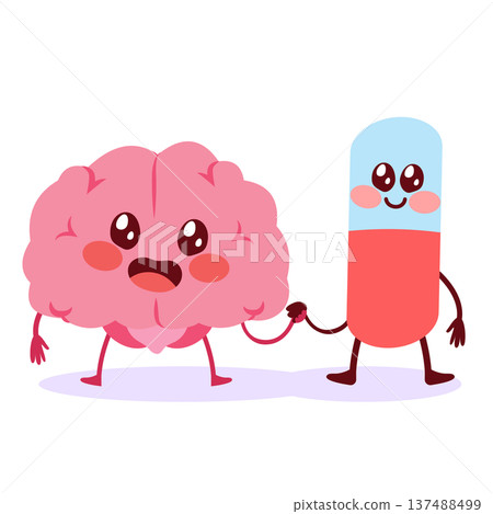 Cute Brain and Pill Mascot Holding Hands Drug Therapy Concept Cute Brain and Pill Mascot Holding Hands Drug Therapy Concept 137488499