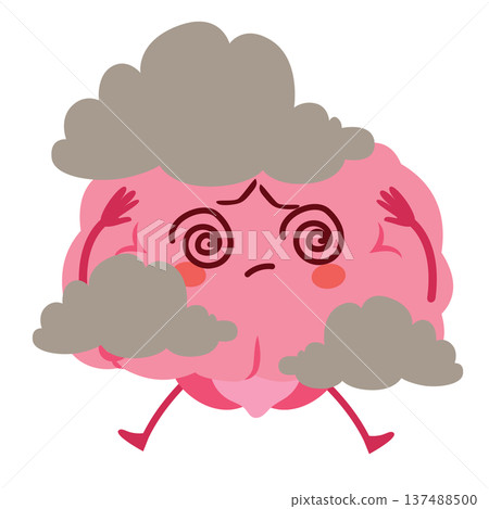 Struggling Brain Mascot Surrounded by Clouds Brain Fog and Dizziness Concept Struggling Brain Mascot Surrounded by Clouds Brain Fog and Dizziness Concept 137488500
