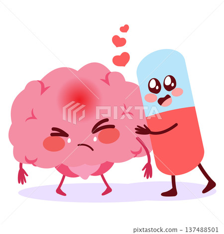 Crying Brain Mascot Supported by Pill Character Taking Medicine Concept Crying Brain Mascot Supported by Pill Character Taking Medicine Concept 137488501