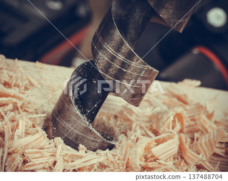 Metal machine drilling in wooden board Metal machine drilling in wooden board 137488704