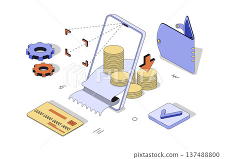 Transaction online 3d isometric concept in isometry design for web. Mobile payments with credit card or virtual wallet, safety cashless financial transfers with digital receipt. Vector illustration. Transaction online 3d isometric concept in isometry design for web. Mobile payments with credit card or virtual wallet, safety cashless financial transfers with digital receipt. Vector illustration. 137488800