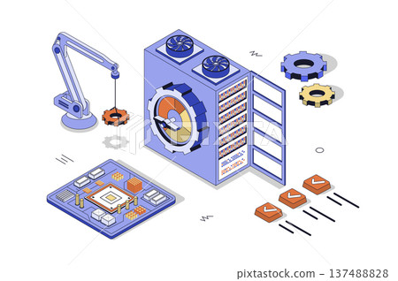 Server maintenance 3d isometric concept in isometry design for web. Hardware racks diagnostics and troubleshooting, monitoring and control center system, upgrade infrastructure. Vector illustration. 137488828