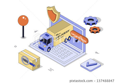 Safe delivery 3d isometric concept in isometry design for web. Truck shipping logistic, express freight and global transportation to warehouse, tracking parcel package service. Vector illustration. Safe delivery 3d isometric concept in isometry design for web. Truck shipping logistic, express freight and global transportation to warehouse, tracking parcel package service. Vector illustration. 137488847