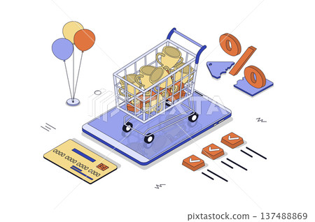 Reward program 3d isometric concept in isometry design for web. Customer loyalty system with bonuses, special offers and discount tags for purchases, store promotion strategy. Vector illustration. Reward program 3d isometric concept in isometry design for web. Customer loyalty system with bonuses, special offers and discount tags for purchases, store promotion strategy. Vector illustration. 137488869