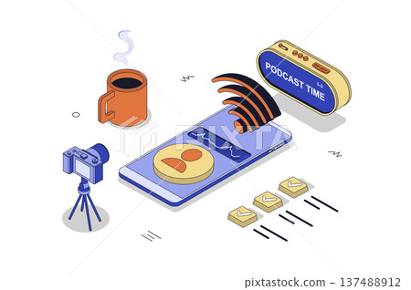 Online podcast 3d isometric concept in isometry design for web. Broadcasting, recording or streaming audio interview or discussing, listent sound content with story or topic talk. Vector illustration. Online podcast 3d isometric concept in isometry design for web. Broadcasting, recording or streaming audio interview or discussing, listent sound content with story or topic talk. Vector illustration. 137488912