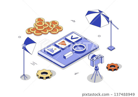 Media content creation 3d isometric concept in isometry design for web. Recording video or movie in studio with camera and lights, entertainment content production for blogs. Vector illustration. Media content creation 3d isometric concept in isometry design for web. Recording video or movie in studio with camera and lights, entertainment content production for blogs. Vector illustration. 137488949