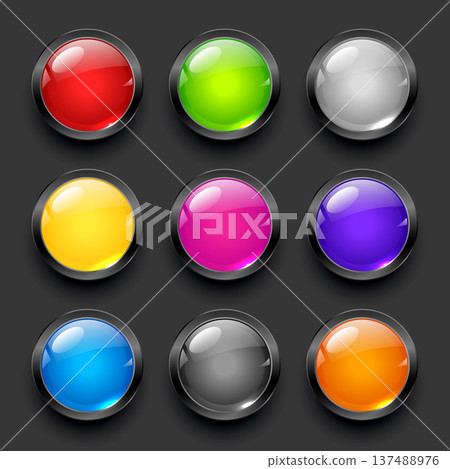 collection of round glossy badge buttons in various colors 137488976