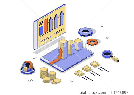 Financial planning 3d isometric concept in isometry design for web. Finance charts and graphs analysis, accounting balance and bookkeeping asset, expense and savings management. Vector illustration. 137488981