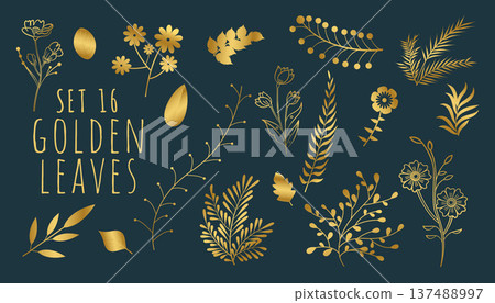 decorative golden leaves collection on dark blue background 137488997