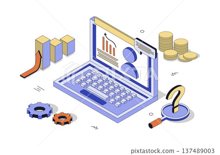 Financial consultation 3d isometric concept in isometry design for web. Online meeting with accountant, finance charts analysis, expert economy strategy and investment advises. Vector illustration. 137489003