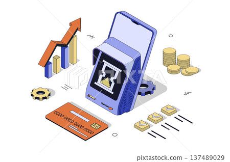 Easy payment and mobile banking 3d isometric concept in isometry design for web. Online shopping with credit card cashless paying of pos terminal with nfc, buying in retail store. Vector illustration. Easy payment and mobile banking 3d isometric concept in isometry design for web. Online shopping with credit card cashless paying of pos terminal with nfc, buying in retail store. Vector illustration. 137489029