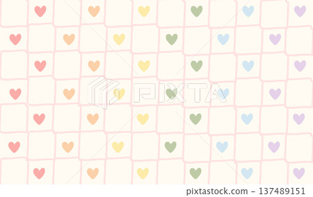 Pastel rainbow flag colored hearts gingham pattern. Retro hand-drawn pink checkerboard background with colorful heart icons. Cute aesthetic design for pride, nursery decor, stationery, textile. Vector 137489151