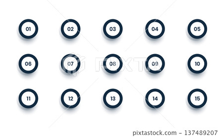 set of circular bullet points from 1 to 15 number key 137489207