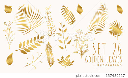 set of stylish tropical golden leaves greeting card template 137489217