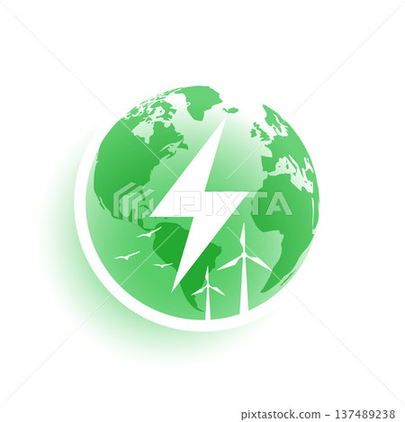 sustainable green globe with lightning bolt and wind turbine for environment protection 137489238