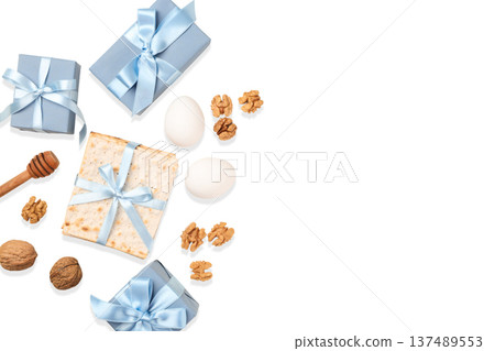 Passover items: gifts, matzah, eggs, and nuts, isolated, PNG 137489553