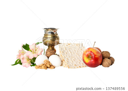 Passover features a plate of eggs, nuts, and flowers, isolated, PNG 137489556