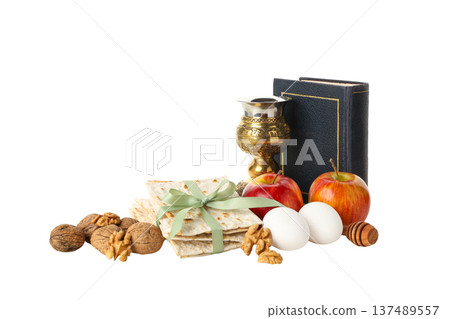 Passover items: matzah, apples, wine, prayer book, isolated, PNG 137489557