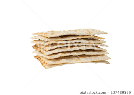 Passover tradition includes stacked matzah bread, isolated, PNG 137489559