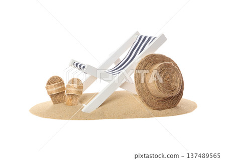Beach chair with sandals and straw hat on sand, PNG Beach chair with sandals and straw hat on sand, PNG 137489565