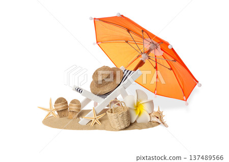 Beach with umbrella, hats, seashells, basket, PNG Beach with umbrella, hats, seashells, basket, PNG 137489566