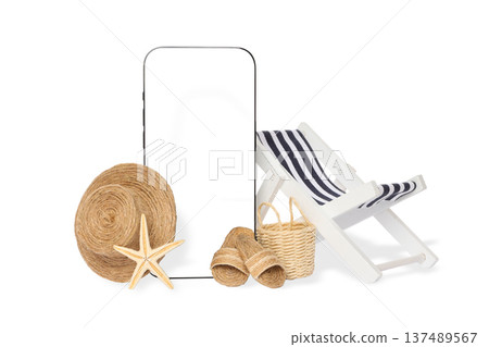 Smartphone among summer items like starfish, PNG Smartphone among summer items like starfish, PNG 137489567