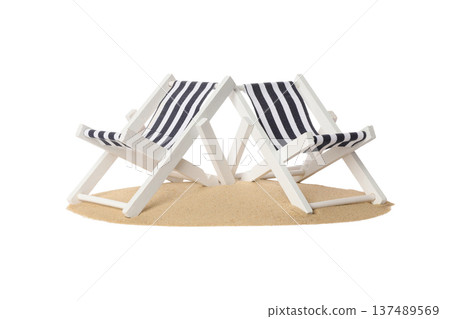 Two white beach chairs with stripes sit on sand, PNG Two white beach chairs with stripes sit on sand, PNG 137489569