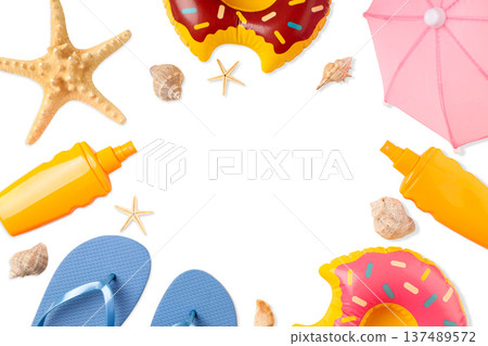 Colorful beach items arranged for summer fun, PNG Colorful beach items arranged for summer fun, PNG 137489572