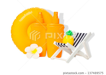 Two yellow sunscreens and a beach chair set Two yellow sunscreens and a beach chair set 137489575