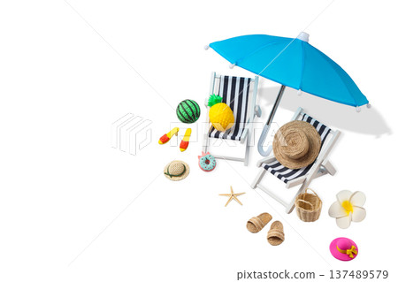 Umbrella chairs with summer toys and decor, PNG Umbrella chairs with summer toys and decor, PNG 137489579