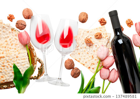 Passover includes wine, matzah, walnuts, flowers, isolated, PNG 137489581