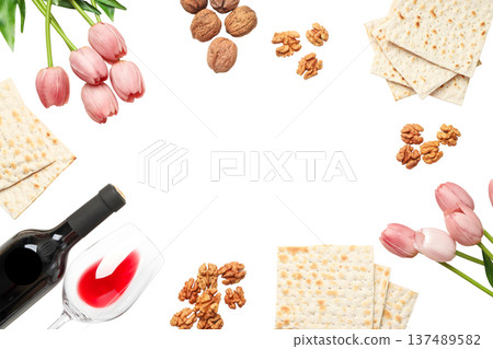 Passover features matzah, wine, walnuts, and flowers, isolated, PNG 137489582