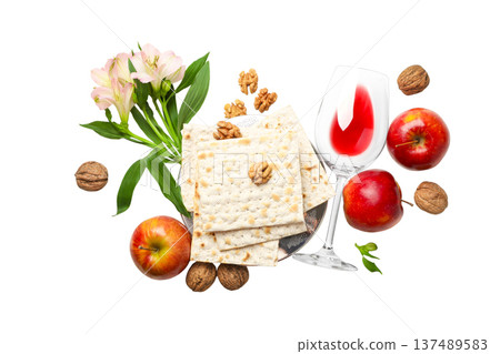 Passover includes matzah, wine, and flowers, isolated, PNG 137489583